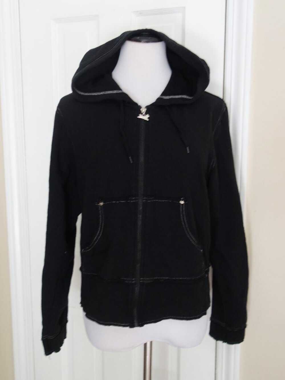 CENTRAL PARK The Brand Black Zip Hoodie Jacket w/ Terrier Dog Charm & raw edges